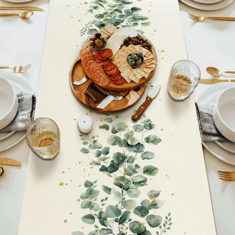 VIKAMA Spring Green Eucalyptus Leaf Table Runner Decorative Non-slip Table Mat for Home Kitchen Dining Room Table Decoration