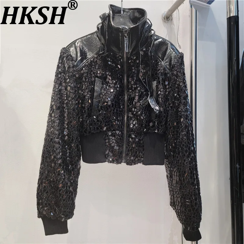 

HKSH Spring Autumn New Women Jacket Patent Pu Leather Glossy Patchwork Stand Collar Zipper Luxury Streetwear Trendy Coat HK13148