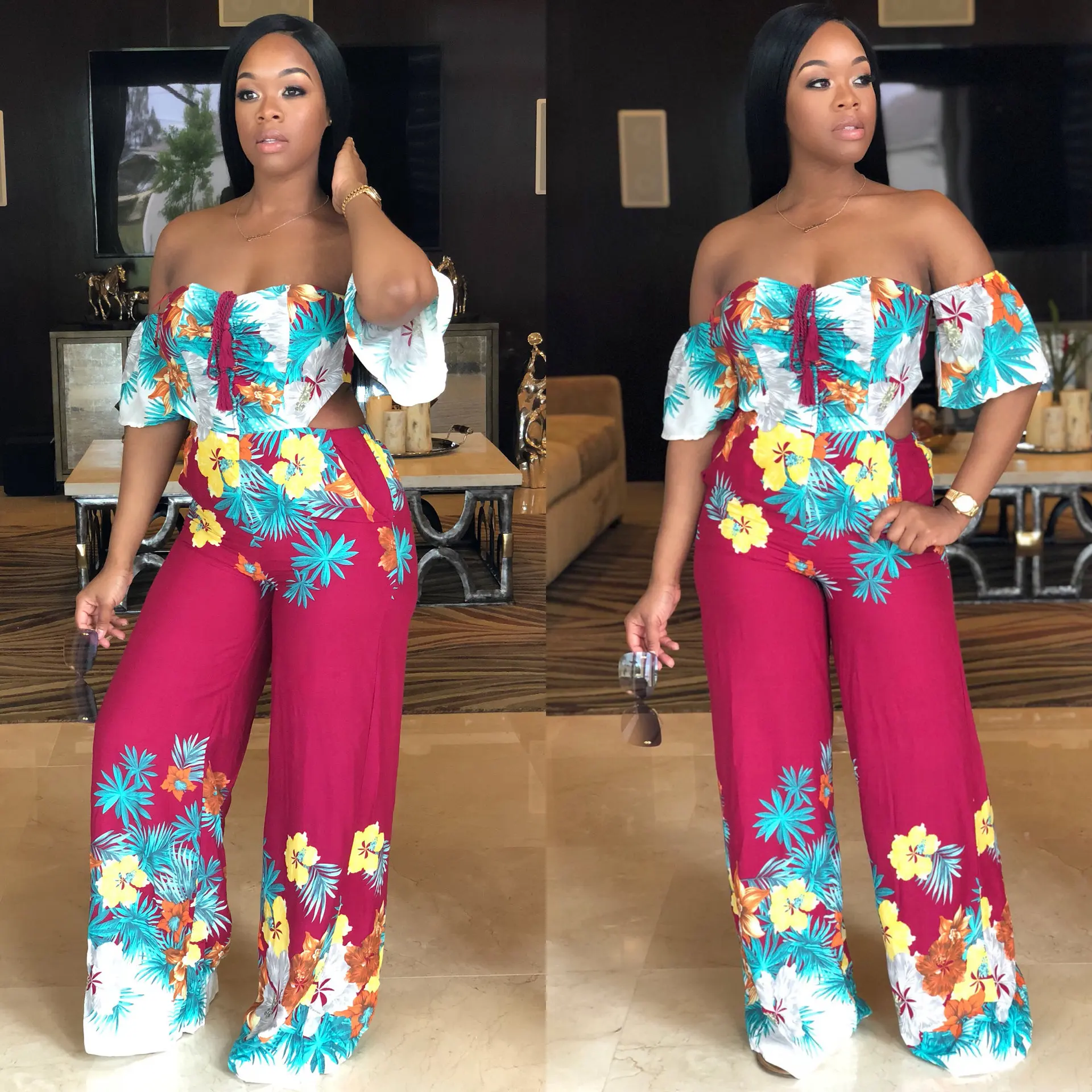 Plus size Sexy Wide Leg Jumpsuits Print Open Back Wrap High Waist Jumpsuits Casual Party Vacation Loose Jumpsuits