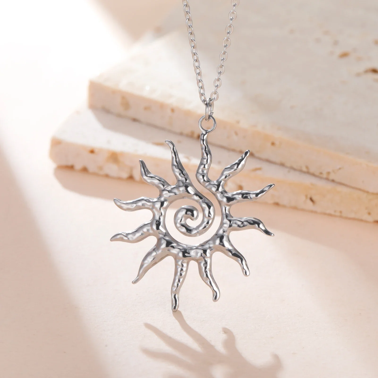 Spiral Sun Pendant Necklace For Woman Gold Color Stainless Steel Choker Vintage Waterproof Jewelry Birthday Gift Wholesale