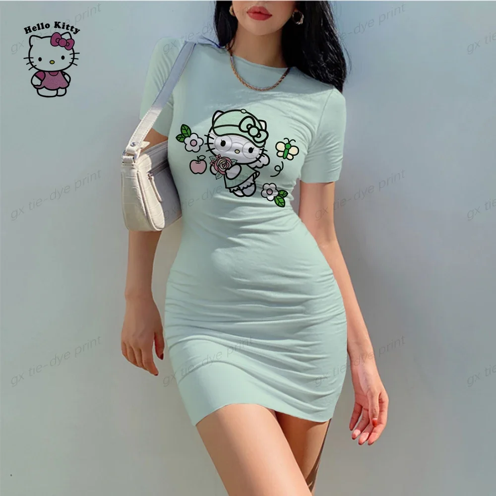 Hello Kitty Sexy Strakke Geplooide Taille Mini Rok Pittige Meisje Slim Fit Jurk Bodycon Dames Tank Top Cortos Party