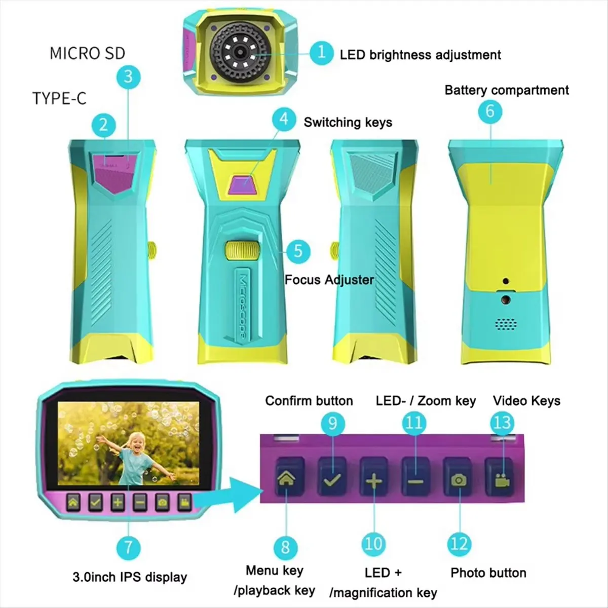 DTD1240~Digital Microscope Camera 3.0Inch IPS Screen 800X Magnification Video Recording Microscope with 32GB Card for Kids