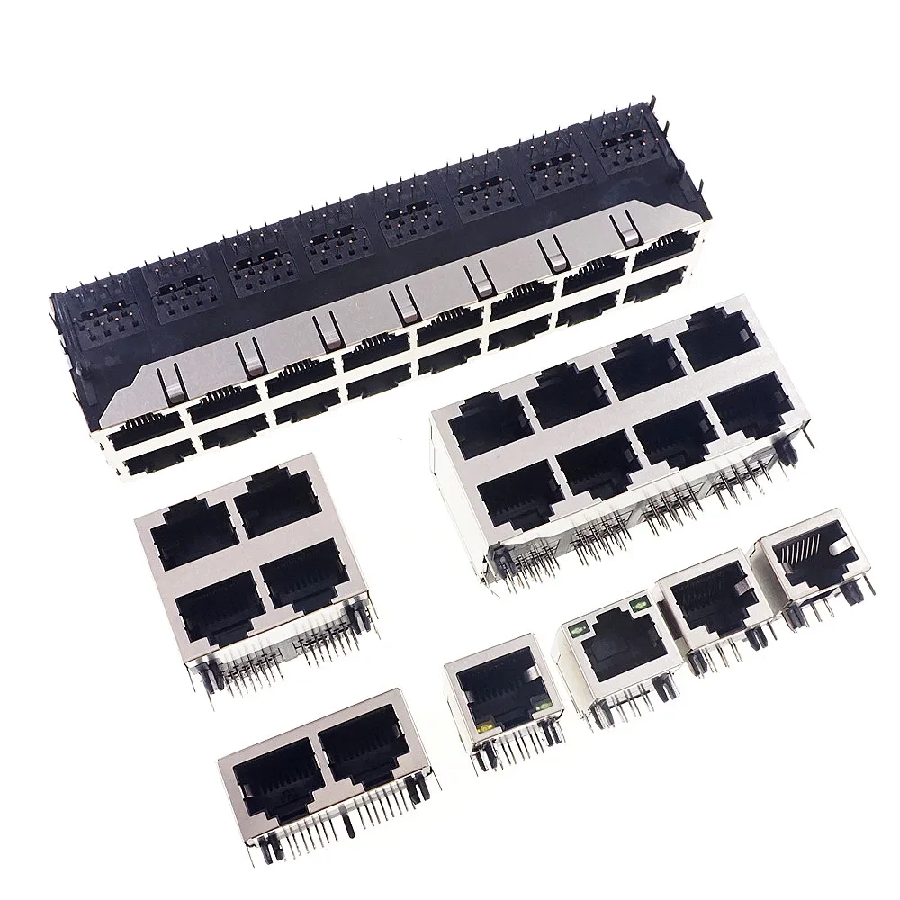 2 5 20 50 Pcs RJ45 1 2 4 8 16 Port Shielded Modular PCB Led Jack 8P8C Right Angle Through Hole Pcb Network Connector SIDE ENTRY