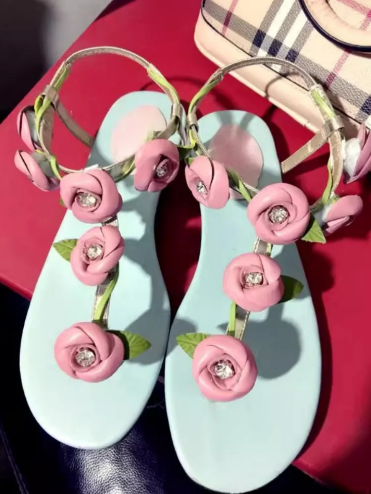 

Fashion Flowers Decor Flat With Sandals Crystal Clip Ankle Buckle Strap Sexy Elegant Women Shoes Summer Beach Flat Casual Shoes