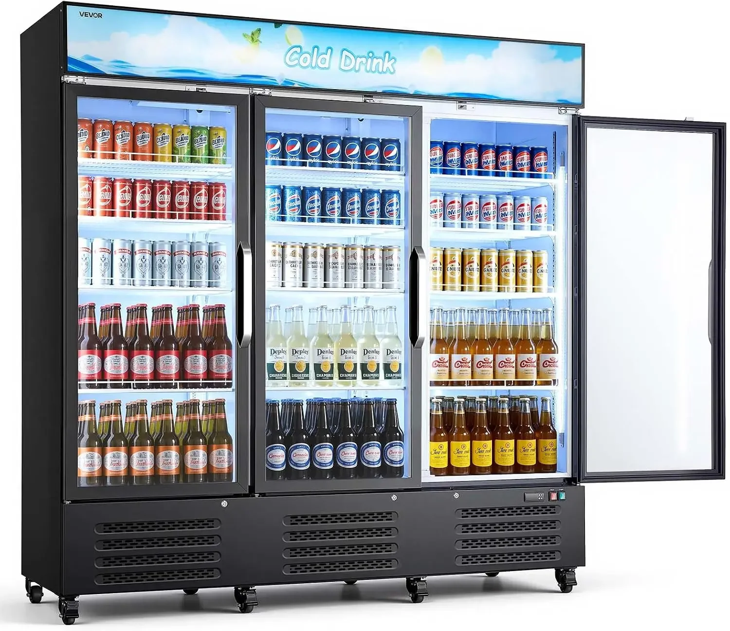Commercial Merchandiser Refrigerator, 54.3 Cu.Ft / 1538L Upright Beverage Cooler, 3 Glass Door Display Refrigerator with Customi