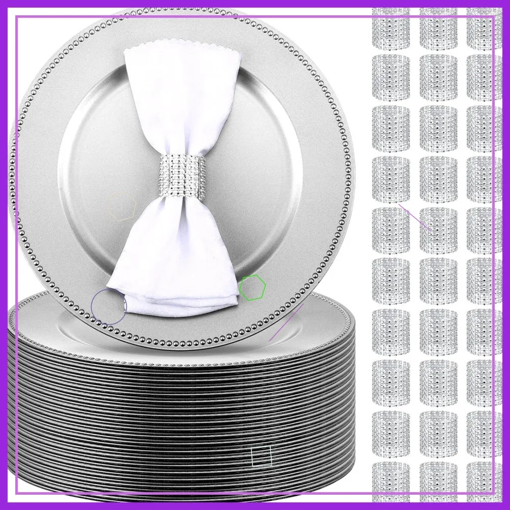 

Silver Beaded Charger Plates Set with Mesh Diamond Napkin Rings for Wedding Party Dinner Table Setting