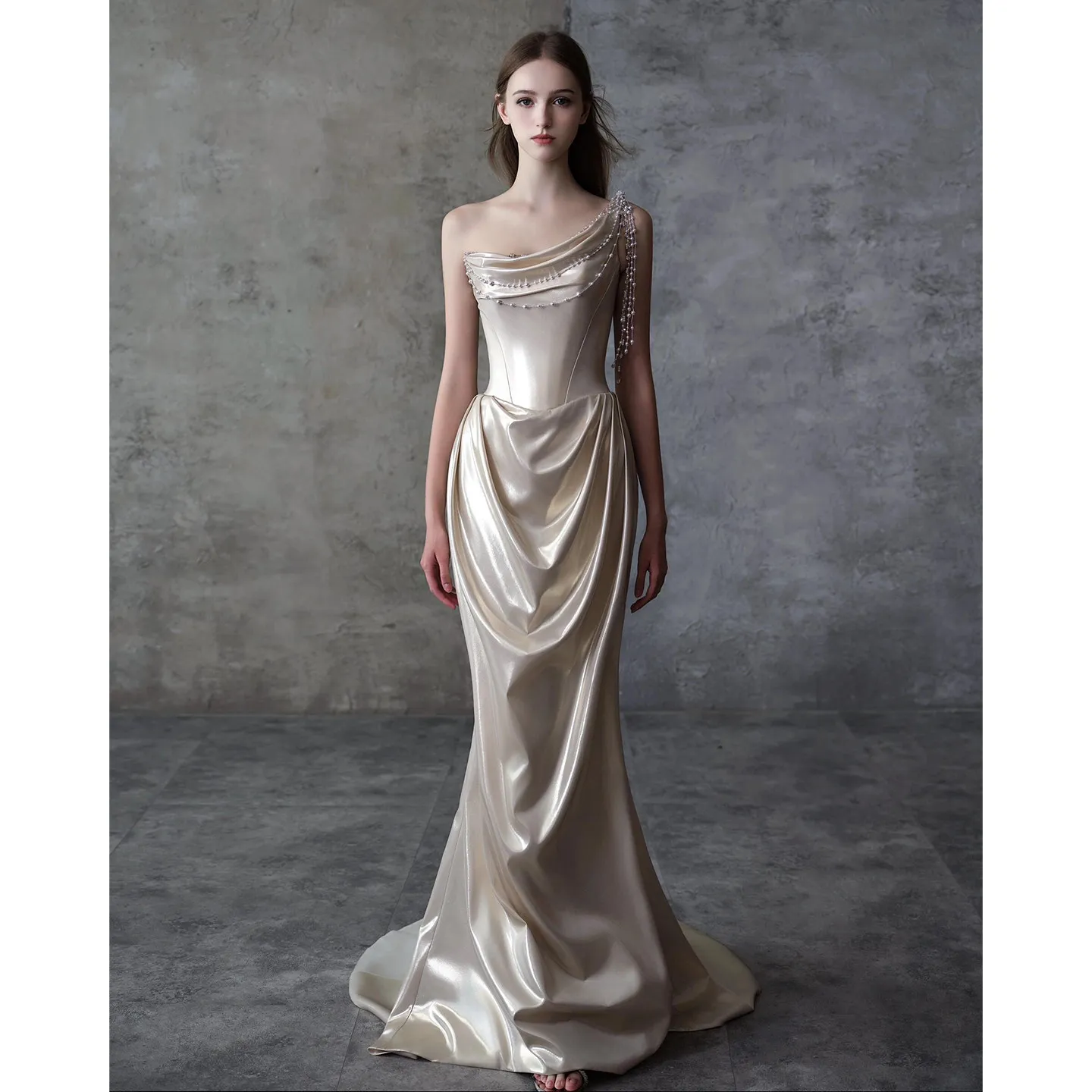 Elegant Single-Shoulder Evening Gown for Women 2026 New High Waist Mesh Fabric Bridal Dress with Train for Wedding Engagement