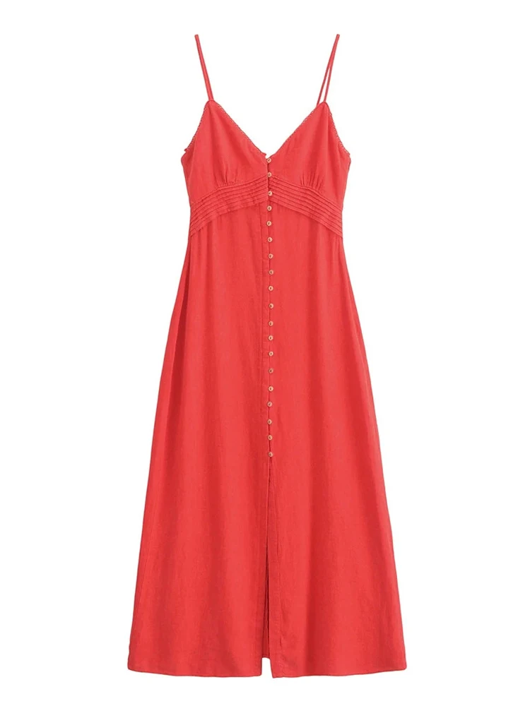 Vestidos de linho vermelho de peito único feminino, vestido longo feminino, elegante com alça de espaguete, bege, casual, verão, 2022