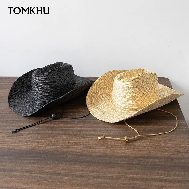 Hot Selling Summer Natural Straw Hat Europe America Fashion Strap Wide Brim Cowboy Hat Outdoor Travel Beach Vacation Hat Chapeu
