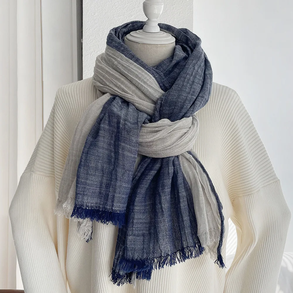 

Japanese retro unisex contrasting cotton scarf autumn and winter color blocked tassel shawl men scarves 90x200cm