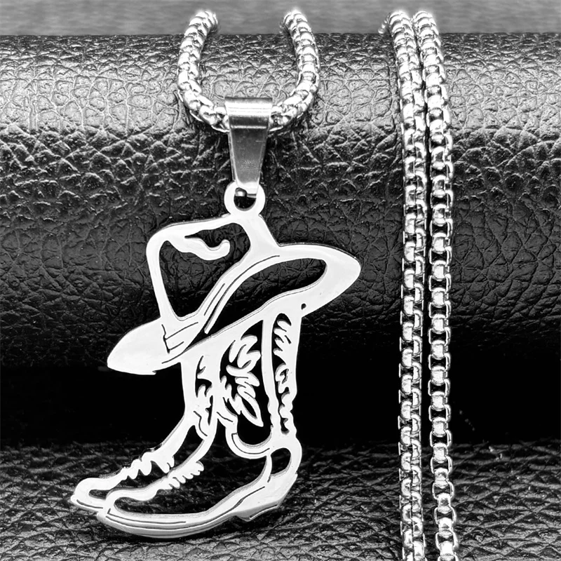 

West Cowboy Hat Shoes Pendant Necklace For Women Men Stainless Steel Gold Silver Color Cowgirl Fashion Chain Jewelry Gifts