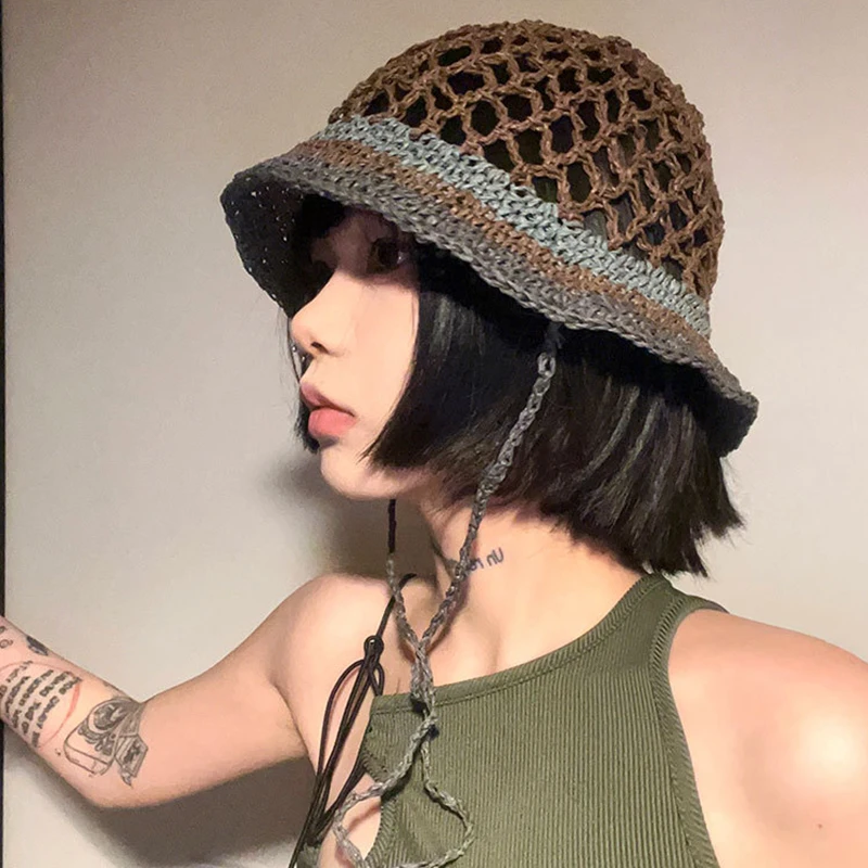 Hand-woven Fisherman Hat for Women Foldable Hollowed-out Straw Hats Wide Brim Breathable Bucket Hat Summer Sun Protection Cap