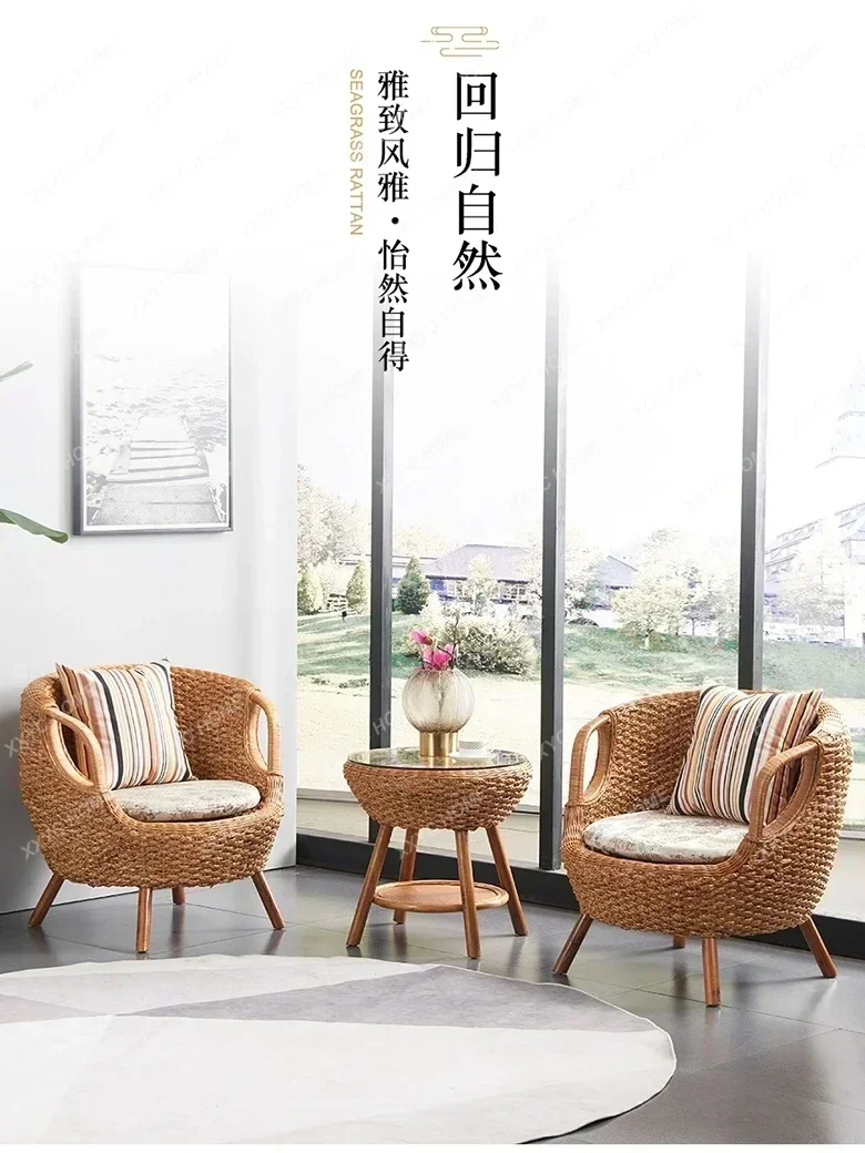 Balcony Table and Chair Solid Wood Armchair Rattan Tea Table Courtyard Outdoor Household Leisure Real Rattan Chair