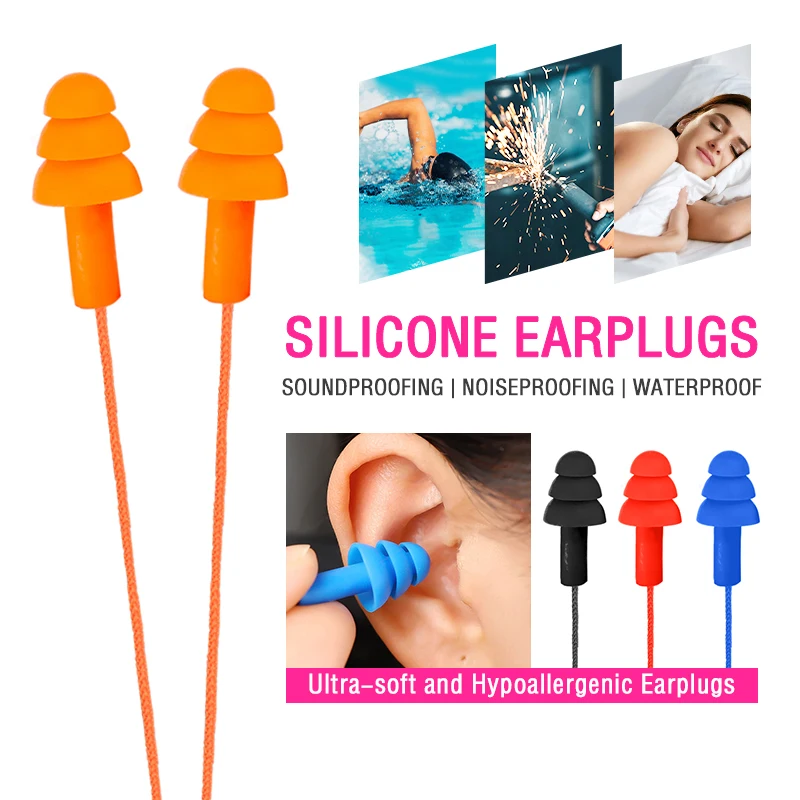 

1 Pair Soft Silicone Corded Earplugs Reusable Noise Reduction Hearing Protection for Sleeping Swimming Travel Study Anti Snore