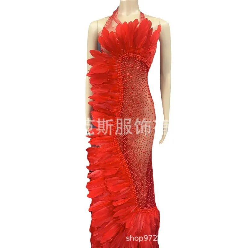 

Female Singer DJ Host Transparent Mesh Hip-Wrapped Full Diamond Sleeveless Evening & Performance Dress With Feather Prom Dress