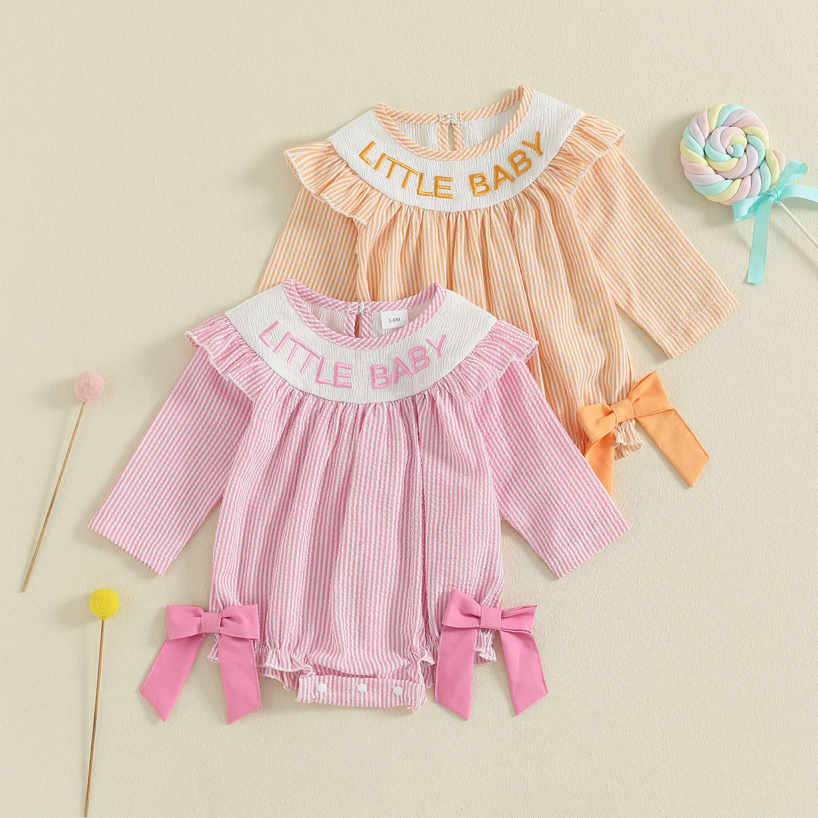 

SUNSIOM 0-18 Months Baby Girls Striped Romper Fashionable Letters Embroidery Round Neck Long Sleeve Bow Jumpsuit