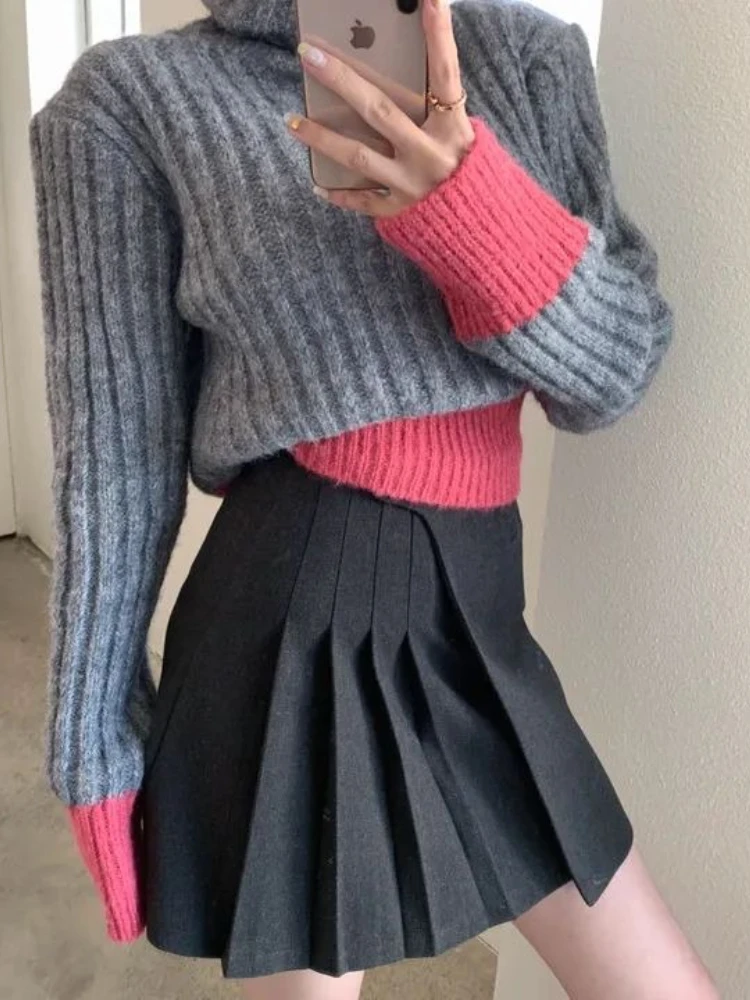 

Korobov Winter Korean Chic Patchwork Turtleneck Long Sleeve Casual Loose All Match Knitted Pullover