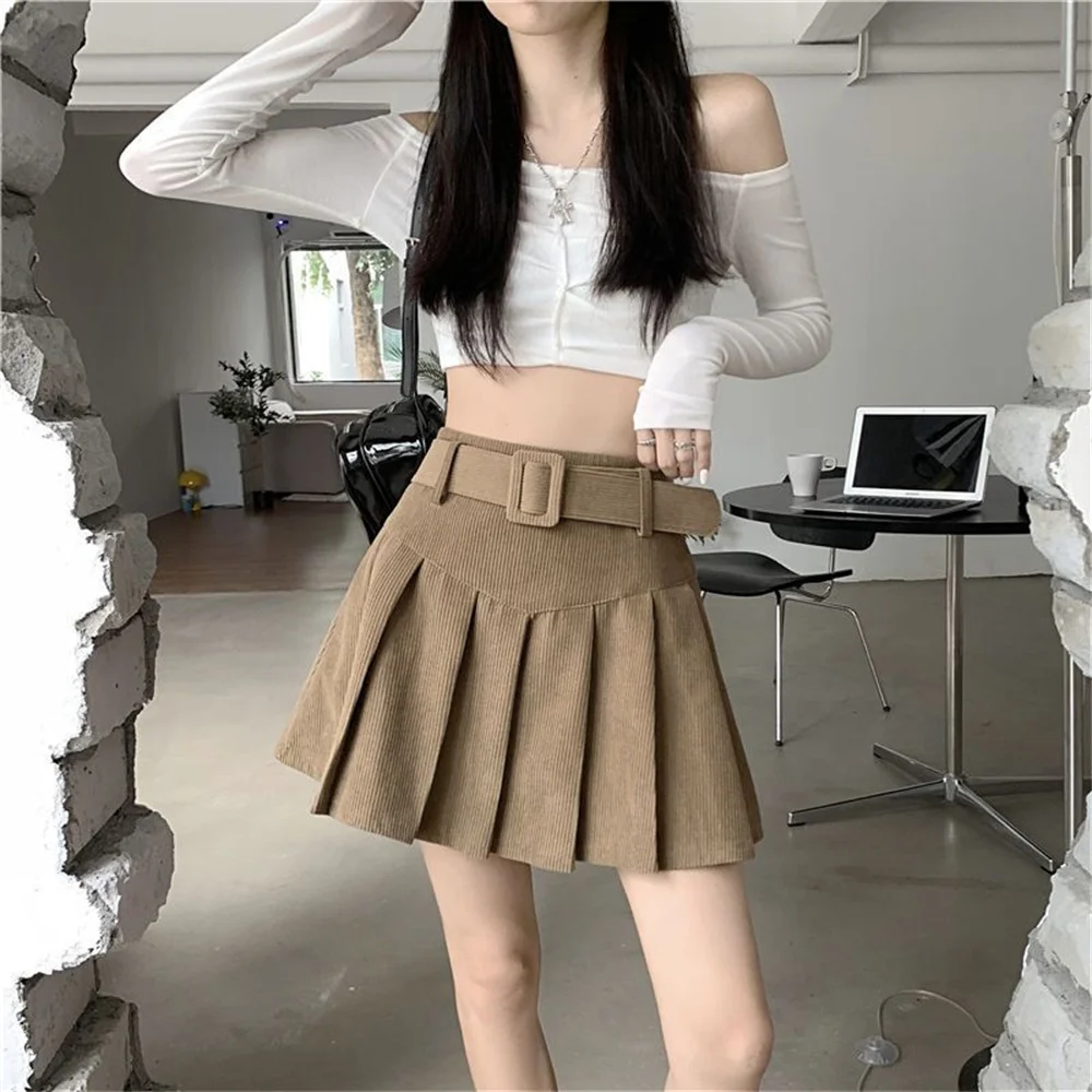 Corduroy Belted Pleated Skirt Texture Cord Box Pleat Mini Skirt With Belt Women Teen-girl Academy School Autumn Winter Outfit