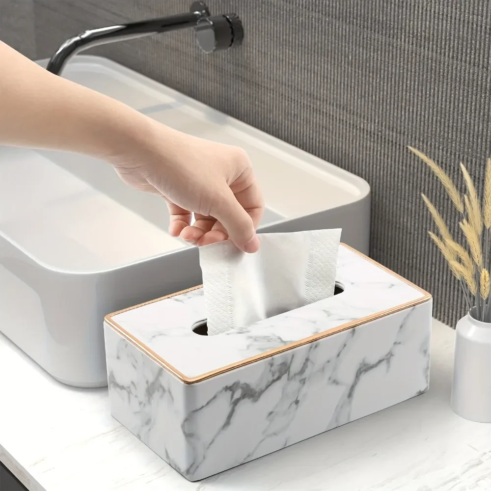 2026 Marble Pattern Tissue Box PU Leather Rectangle Napkin Paper Storage Box Gold Edge Tissue Paper Organizer Restaurant