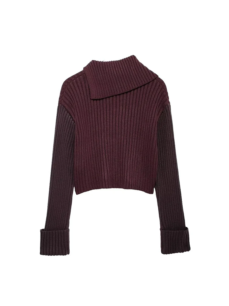 2024 Autumn And Winter New European And American Style Female Casual Ribbed Lapel Short Long Sleeved Knitted Pullover Sweater