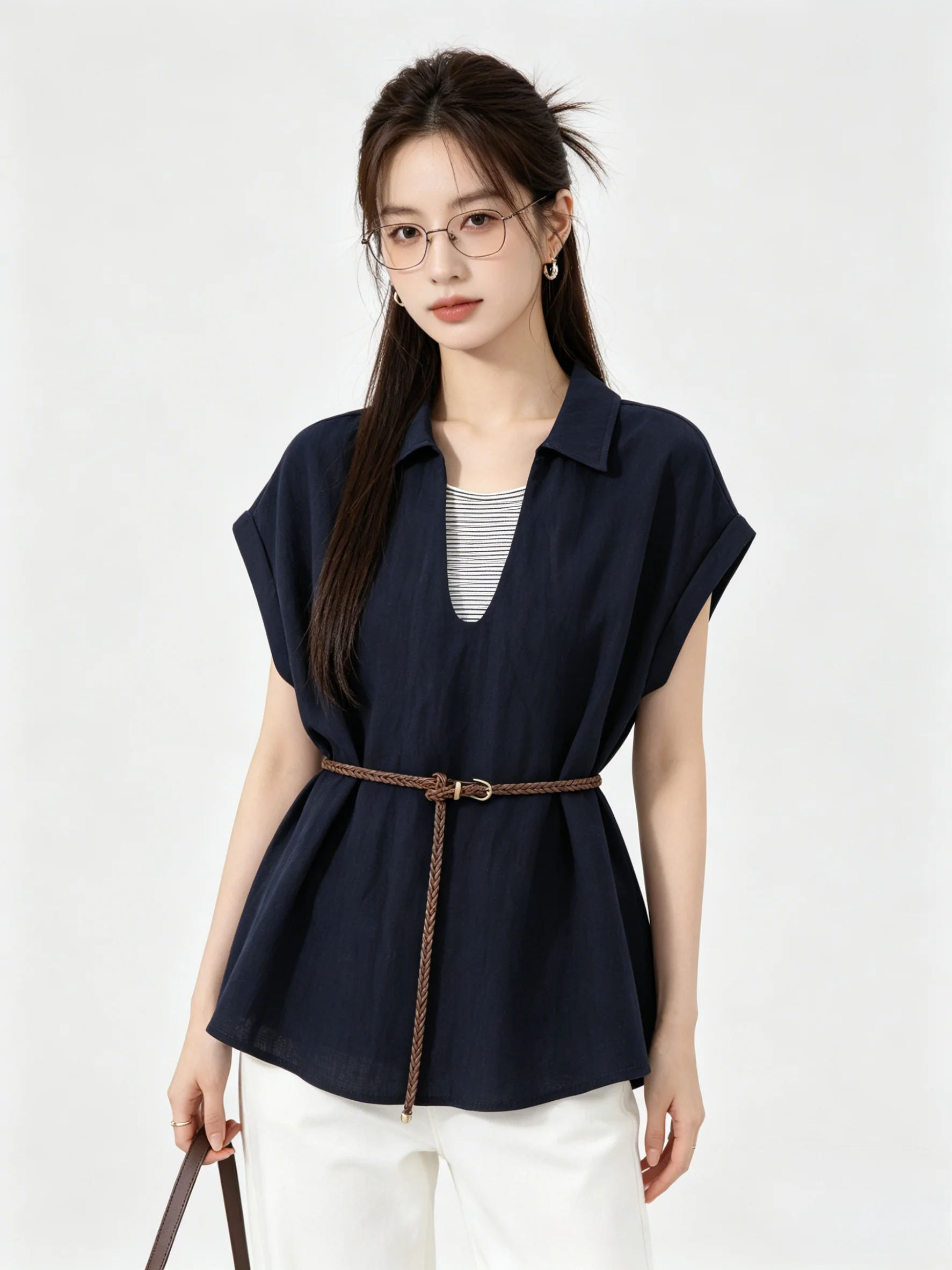 

Retro Denim Blue Korean Design Short Sleeve Shirt Waist Cinching Plaid Collar Top Commute Style Summer Women's Shirt