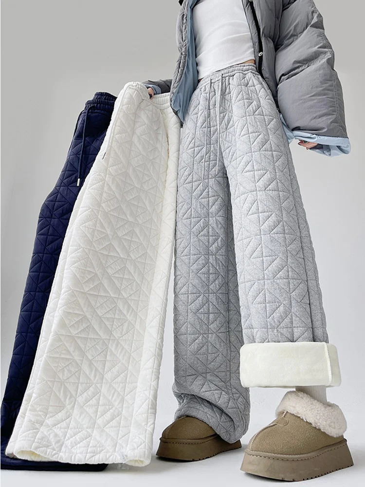 Lazy Relaxing Thicken Rhombus Wide Leg Pants Women Winter High Waist Inner Velvet Warmth Trousers Two Wear Casual Loose Pants