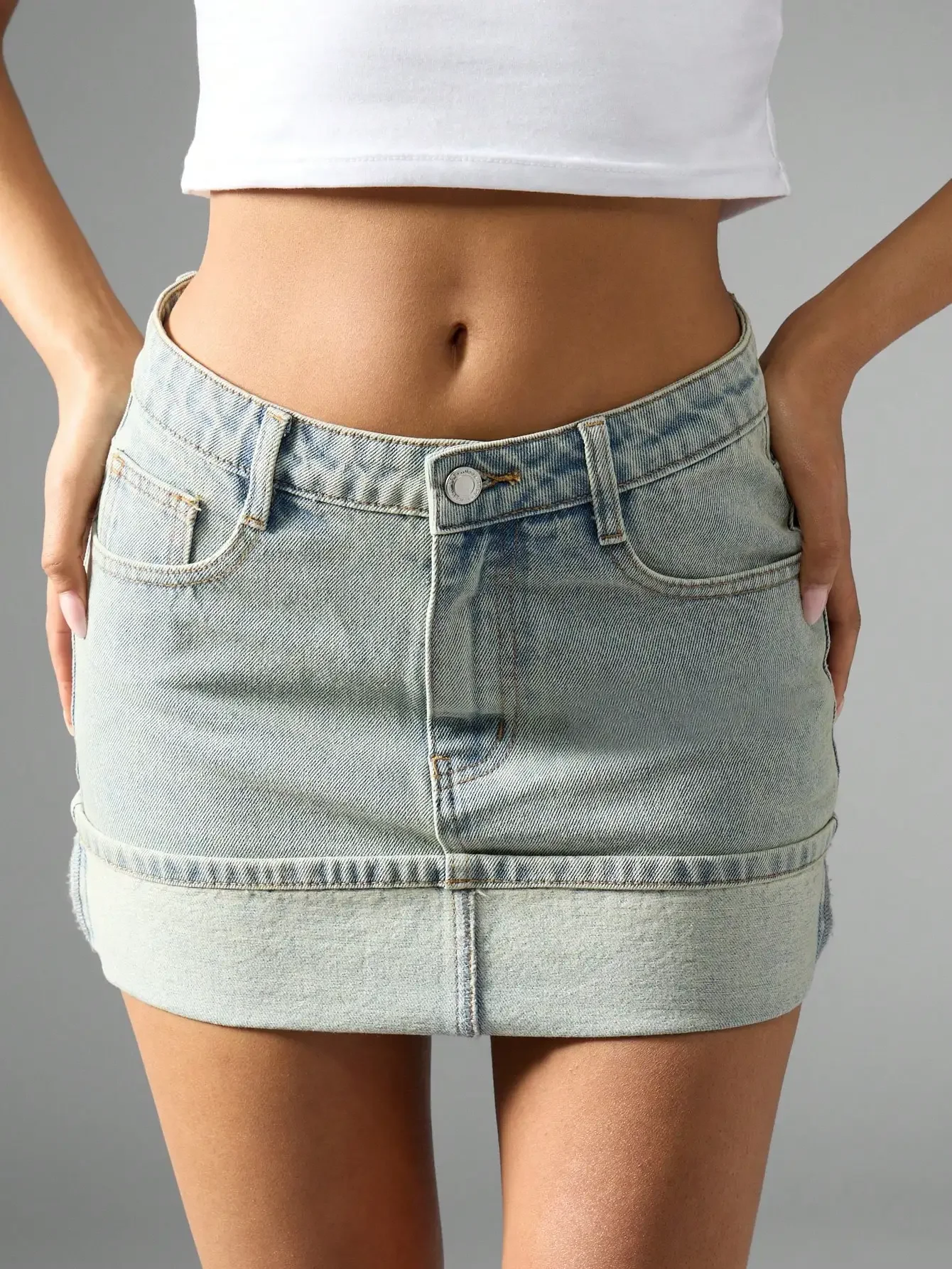 

Mini Denim Skirt With Folded Cuff Hem High Waisted Raw Edge Summer Spring Fall Y2K Vintage Style Distressed Mini Skir