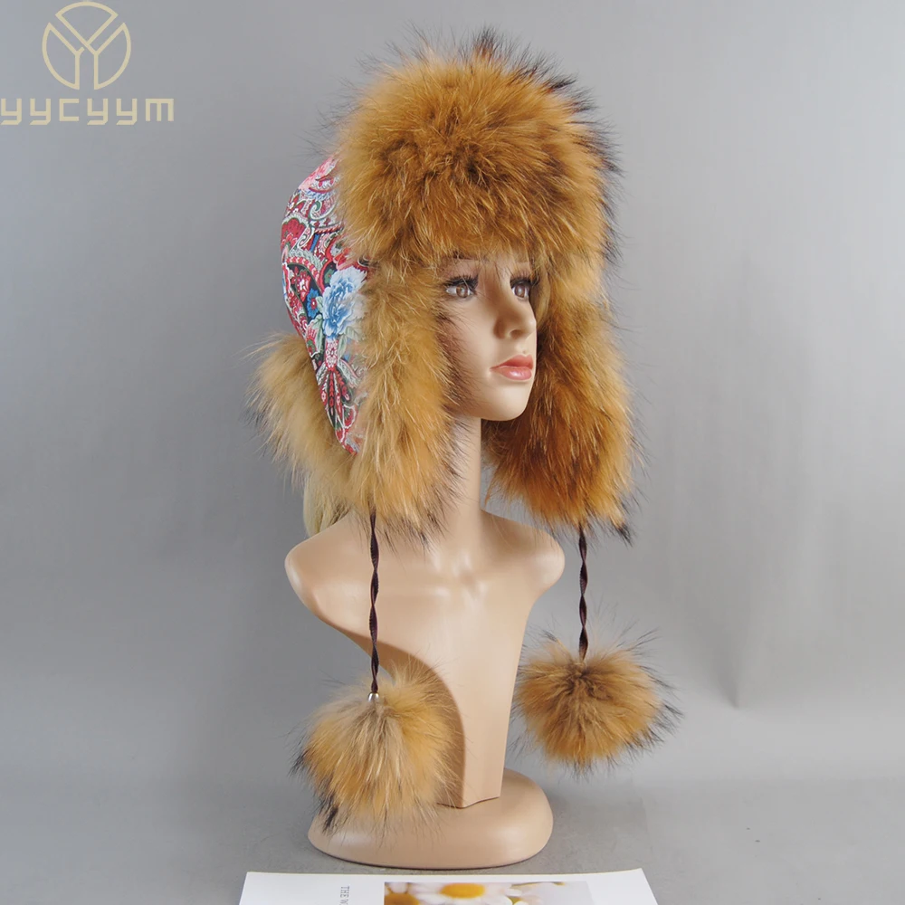 New Winter Fur Hat for Women Hat with Ear Real Fox Fur Caps Russian Women Bomber Hats Bonnets Trapper Cap Camo Fox Hat Wholesale