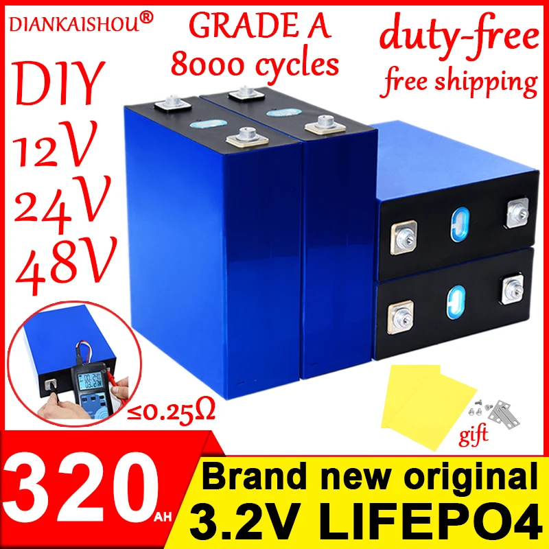 New 8000 cycles Lifepo4 Battery 3.2V 320AH Grade A DIY 12V 24V 48V Lithium iron phosphate Cell golf cart batterie For RV No Tax