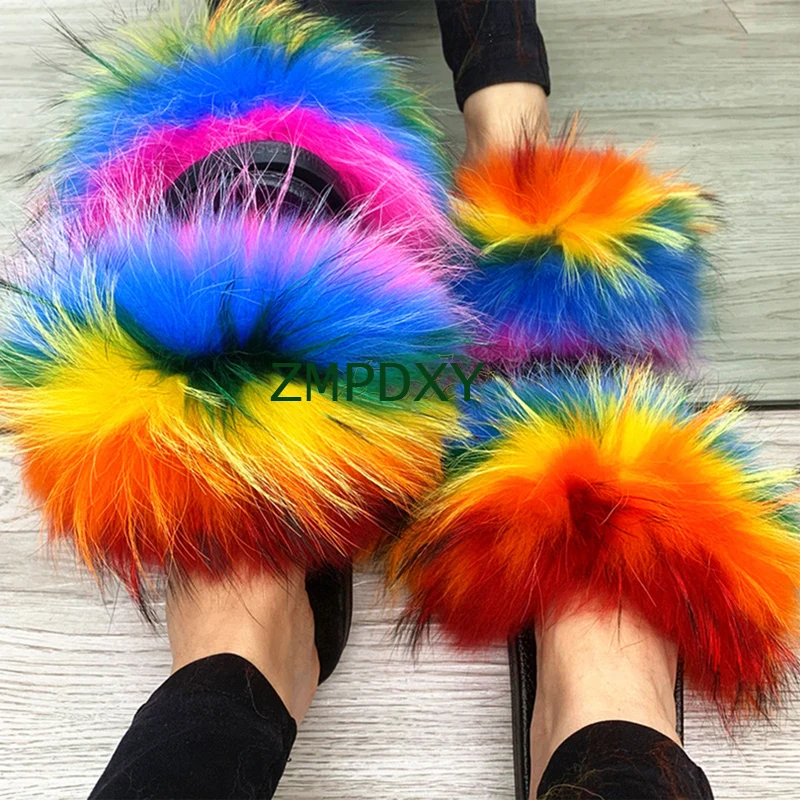 Wholesale New Designer Indoor EVA Racoon Furry Big Fur Slides Sandals Vendor Colorful Fluffy Fox Raccoon Fur Slipper For Women