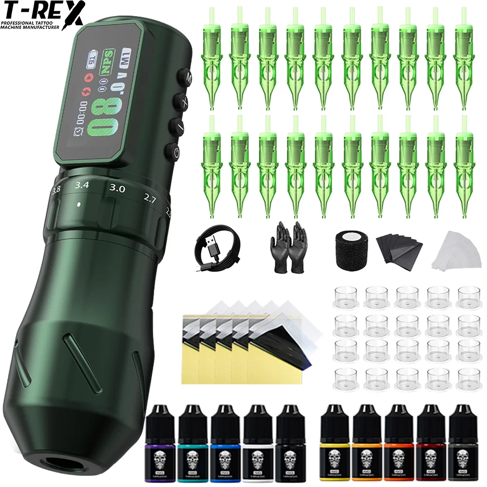 T‑Rex Adjustable Stroke Wireless Tattoo Pen Kit 2.3‑4.5mm 2200mAh Battery Complete Tattoo Supplies Set
