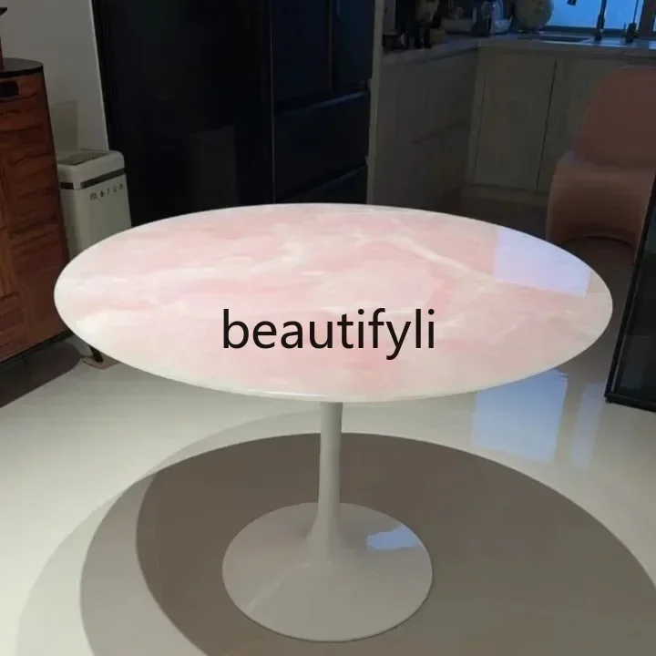 GG Italian Style Light Luxury High-End Pink Crystal Marble Dining Table Natural Pink Jade Luxury Stone Table