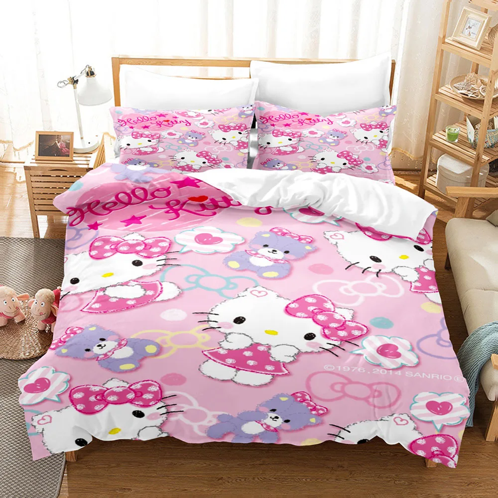 Cartoon Cute Hello Kitty Love Bedding Set Pillowcase Anime Bedclothes 3D Printed Quilt Cover Duvet Cover Baby Kids Child