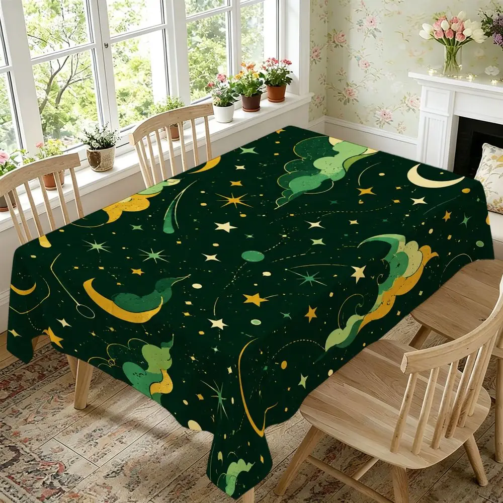 Celestial Pattern Tablecloth - Dark Green with Yellow Stars, Moons, And Constellation Design, Polyester, Rectangular, Washable Table Cover for Dining, Kitchen, Holiday Party, Home Decor, Indoor Picnic, And Aesthetic Room Table Setting