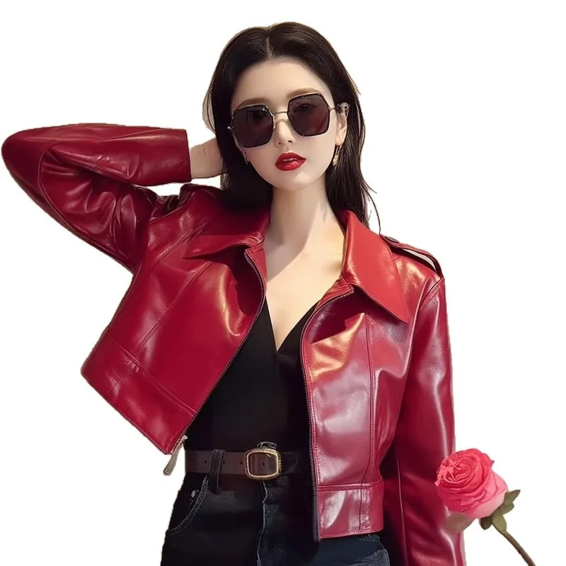 Veste en cuir rouge femme automne 2025 nouveau Style manteau Styles courts minceur haut à manches longues, fermetures éclair veste en cuir chaude pour femme