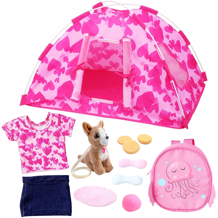 Vestido fofinho roupas tenda filhote de cachorro conjunto acessórios for18 Polegada boneca bebê nascido, boneca americana brinquedos da menina aniversário presente natal