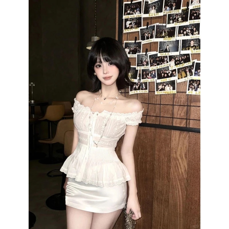 Korean Hot Girl Elegant Women Off Shoulder Hollow Lace Tie Front Slim Peplum Top + Satin Mini Skirt 2 Pieces Set Summer Outfit view 2