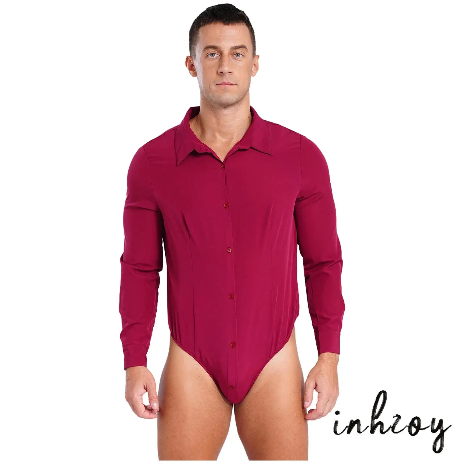 

Gay Adult Mens Solid Color Erotic One-Piece Jumpsuit Turn-down Collar Long Sleeve Button Down Crotch Sissy Bodysuit Dance Shirt