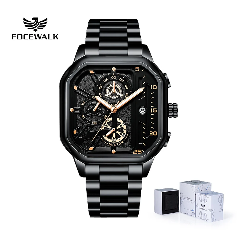 FOCEWALK-Relógio de quartzo de aço inoxidável para homens, impermeável luminoso cronógrafo relógio masculino original