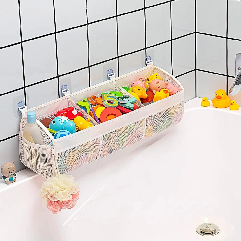 

3-х отделений, горизонтальный органайзер для игрушек для ванны с большими отверстиями для ванны, вместимость для хранения и держателя для ванны, простая сортировка