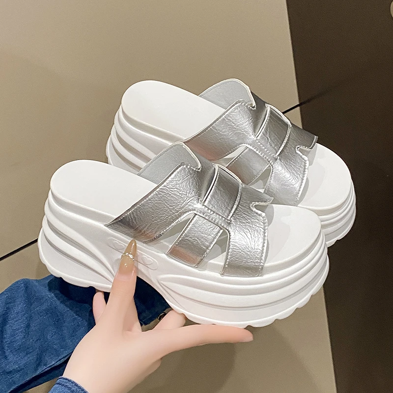 

8CM Heels Chunky Slippers Women Cross Strap Platfrom Wedge Sandals Woman Summer Fashion Thick Bottom Beach Sandalias Mujer 2023