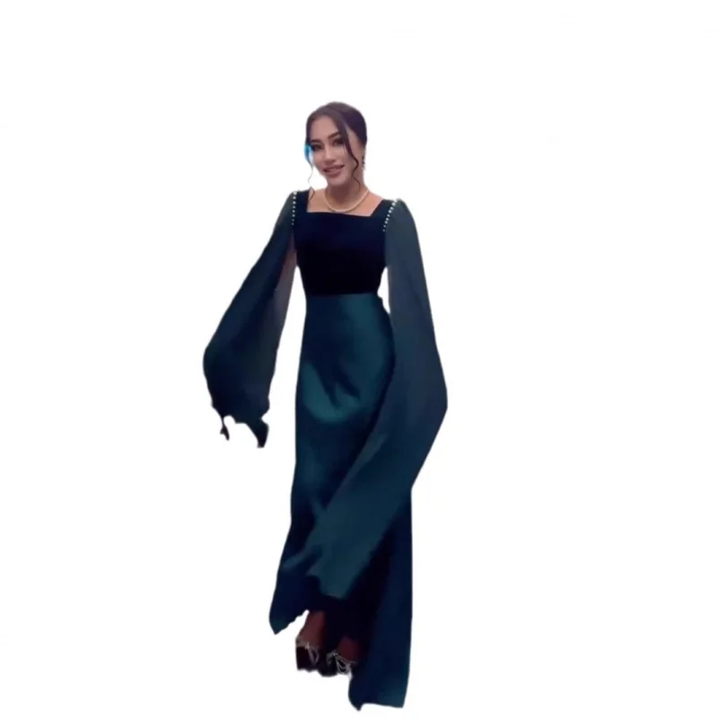 2025New Year's New Satin Splicing Elegant Large Swing Sleeve Pearl Long Slim Dress