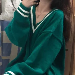 Maglione con scollo a v a maniche lunghe solido donna studente coreano lavorato a maglia sciolto