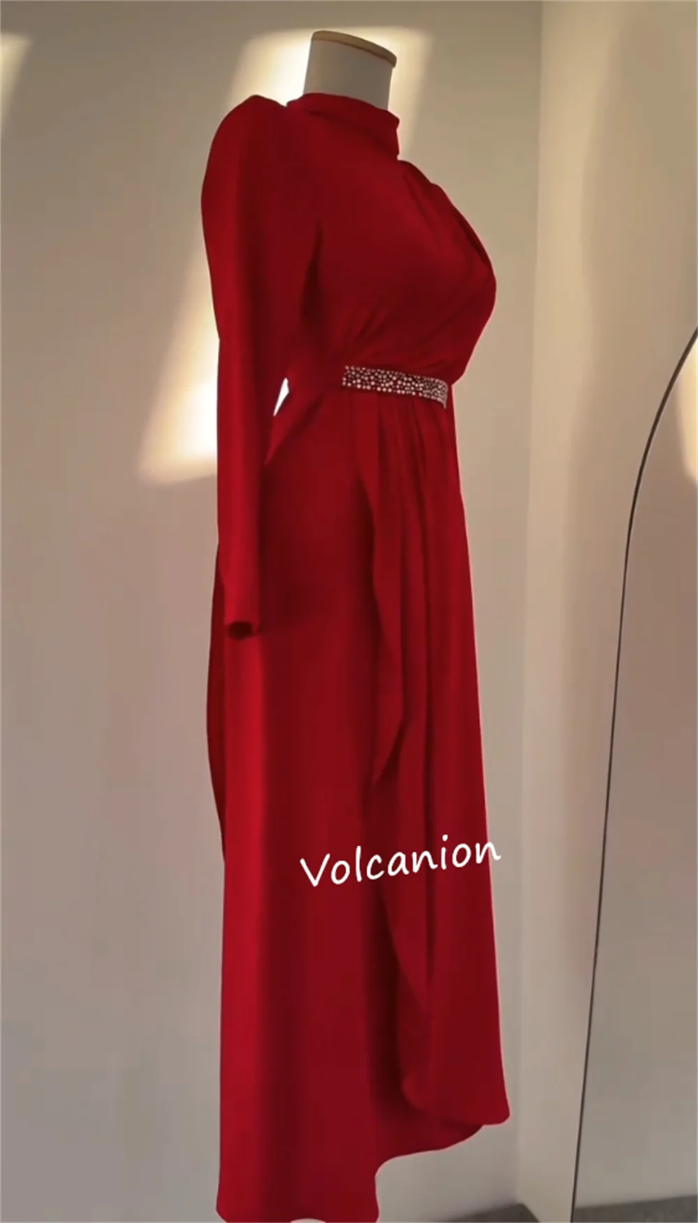 Customized Jersey Rhinestone Sash A-line High Collar Midi Dresses Bespoke Occasion Evening Classic Simple Elegant