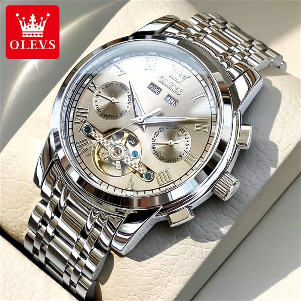 

OLEVS Men's Watches Automatic Mechanical Business Wristwatch Waterproof Stainless Steel Strap Watch for Man Skeleton Calendar