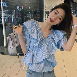 Fashion Printed Spliced Ruffles Shirring Striped Blouse Women's Clothing 2023 Summer New Casual Pullovers All-match Sweet Shirt