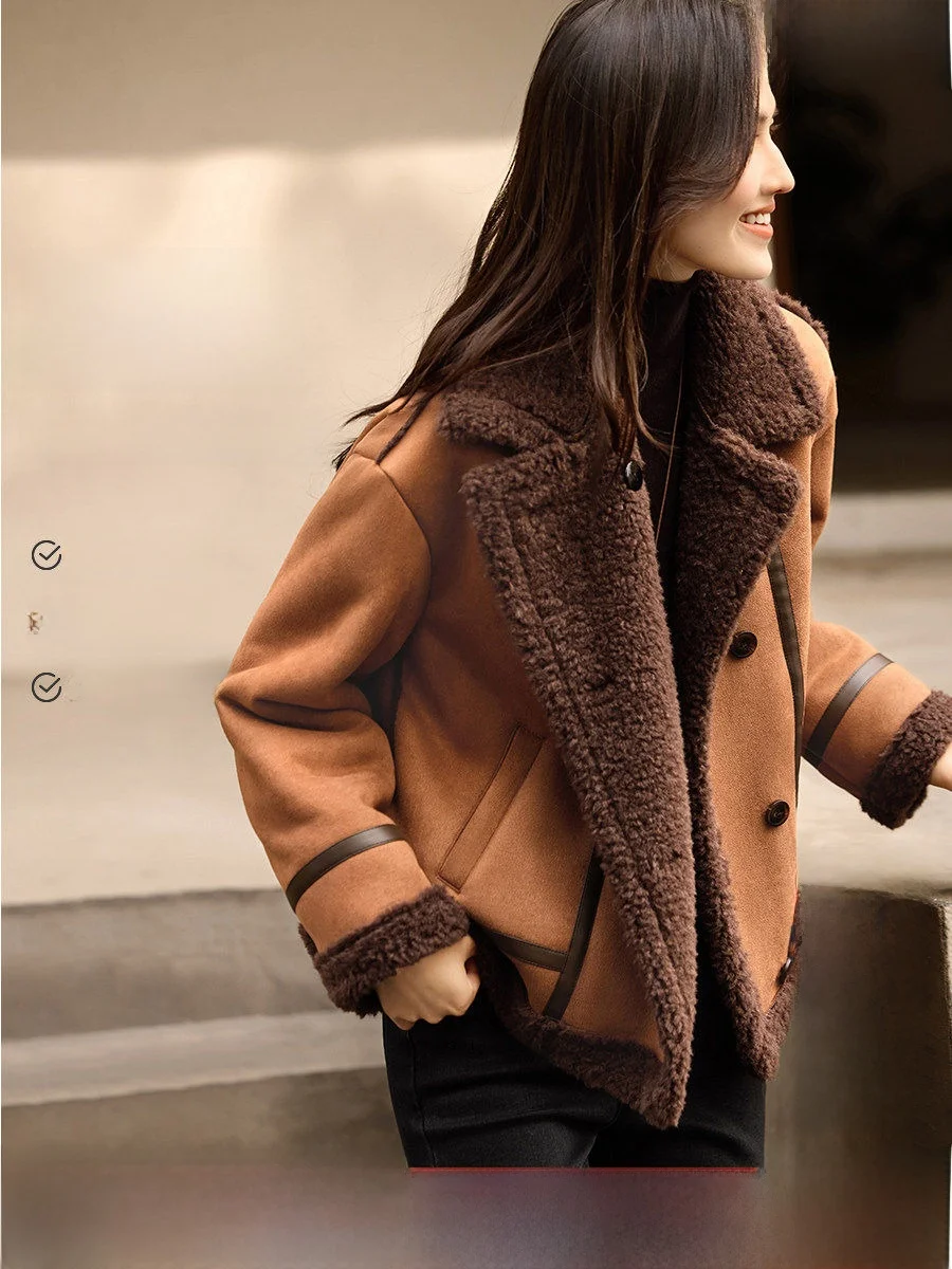 

XWI Women's Suede Lamb Fur Jaet Warm Slimming Leather Fur Inteated Casual Top Winter Commute Sle Polyester Fiber