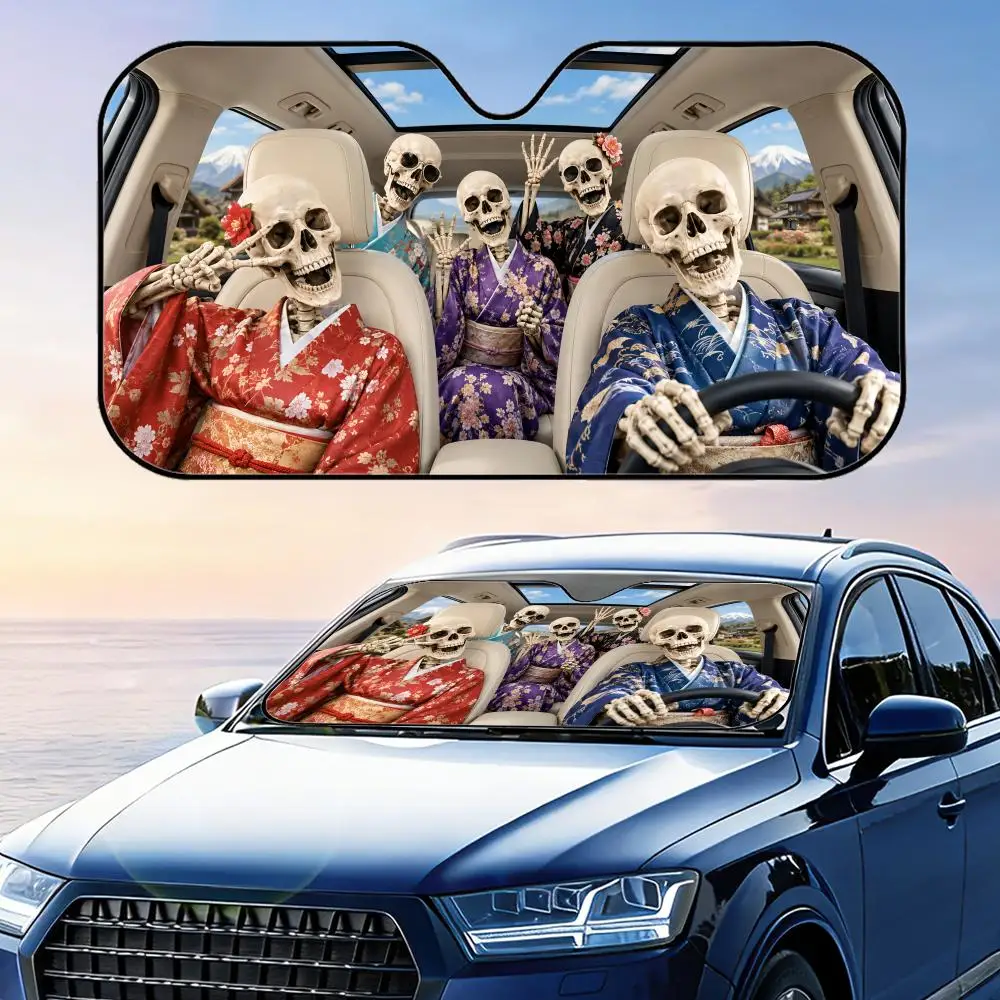 

Funny Skeleton in Kimono Sun Visor Car Windshield Sunshade UV Protection Reflective Foldable Heat Insulation Cover