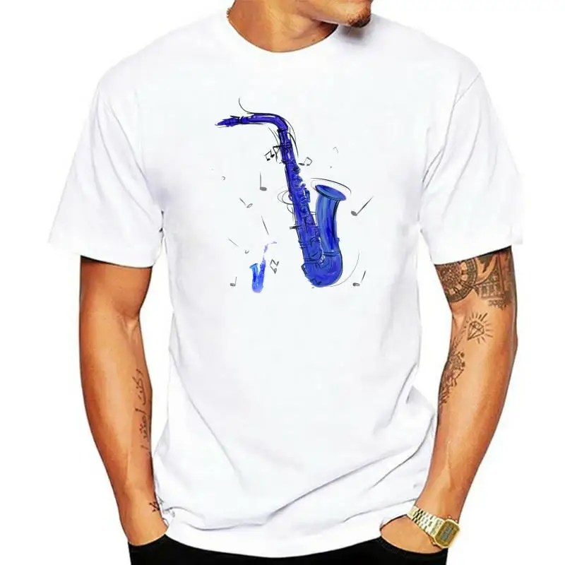 Saxophone Drawing T-shirt Men's Blue White T Shirt Casual Music Lover Band Tshirts 100% Cotton Clothing Simple Streetwear