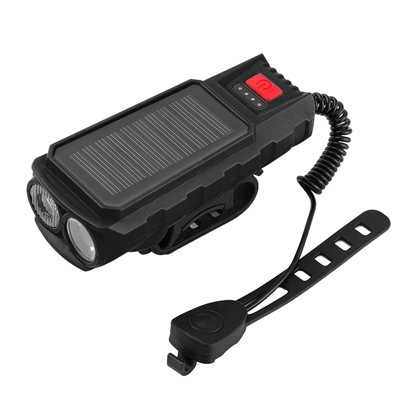 Solar Energy Bike Headlight Waterproof USB Rechargeable With 130DB Horn Flashlight Bike Bell Bike Replacement Accessories Black